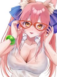  animal_ear_fluff animal_ears blue_ribbon blush bow breasts cleavage collarbone fate/grand_order fate_(series) female fox_ears fox_girl glasses hair_ribbon hairbow heart heart-shaped_pupils highres holding holding_removed_eyewear large_breasts looking_at_viewer mimi_(pixiv24880343) open_mouth pink_hair ribbon see-through see-through_shirt shirt short_sleeves simple_background solo split_ponytail sweat symbol-shaped_pupils tamamo_(fate) tamamo_no_mae_(fate/extra) unworn_eyewear white_background white_shirt yellow_eyes 