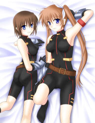  2girls arm_strap armored_gloves armpits belt black_unitard blue_eyes brown_hair cosplay fate_testarossa fate_testarossa_(cosplay) fate_testarossa_(sonic_form) highres lying lyrical_nanoha mahou_shoujo_lyrical_nanoha mahou_shoujo_lyrical_nanoha_a&#039;s mahou_shoujo_lyrical_nanoha_strikers mahou_shoujo_lyrical_nanoha_the_movie_2nd_a&#039;s multiple_girls on_back on_bed on_side sleeveless sooichi_(diabolicemission) takamachi_nanoha twintails unitard variant_set yagami_hayate 