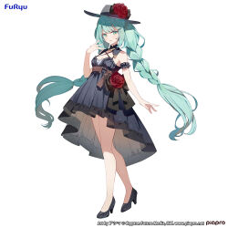  aqua_eyes aqua_hair bare_shoulders belt belt_buckle black_bow black_collar black_dress black_footwear bow braid breasts brown_belt buckle cleavage collar commentary_request detached_collar dress female figure_available flower frills full_body hat hat_flower hatsune_miku highres light_blush long_hair looking_at_viewer medium_breasts merchandise_available official_art open_mouth red_flower red_rose rose second-party_source simple_background solo standing sun_hat sutorora swept_bangs three_quarter_view twin_braids twintails very_long_hair vocaloid white_background 