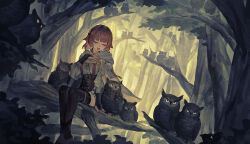  :d belt bird black_hairband breasts cinnia_antimony cleavage closed_eyes english_commentary feet_out_of_frame female forest hairband highres hood hooded_jacket indie_virtual_youtuber jacket mr.lime nature open_mouth owl pocket red_hair short_hair sitting smile solo thighhighs tree white_jacket yellow_theme 