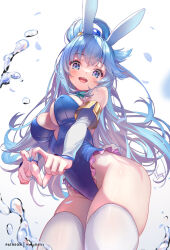  alternate_costume animal_ears aqua_(konosuba) artist_name bare_shoulders blue_eyes blue_hair blue_leotard blue_nails breasts commentary_request detached_sleeves fake_animal_ears female fingernails frilled_leotard frills from_below heart heart_hands highres hong_(white_spider) kono_subarashii_sekai_ni_shukufuku_wo! large_breasts leotard long_hair looking_at_viewer nail_polish open_mouth patreon_username playboy_bunny rabbit_ears single_hair_ring smile solo strapless strapless_leotard thighhighs white_thighhighs 