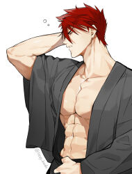  1boy abs arm_behind_head closed_eyes collarbone from_side frown grey_kimono japanese_clothes kaidou_j1 kimono large_pectorals male_focus muscular muscular_male ookanehira_(touken_ranbu) open_clothes parted_lips pectoral_cleavage pectorals red_hair short_hair simple_background sleepy solo touken_ranbu upper_body white_background 