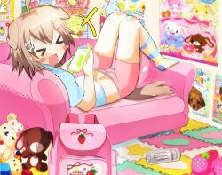  &gt;_&lt; ahoge animal_ears azuki_(cinnamoroll) backpack bag bandaid bandaid_on_leg blue_shirt blue_socks blush_stickers bone_hair_ornament brown_hair can canine cellphone closed_eyes commentary couch dog_ears dog_girl english_commentary female food-themed_hair_ornament food_print fuwa_fuwa_cinnamoroll hair_ornament hanausa heart heisei_retro highres holding holding_phone indoors jigsaw_mat korilakkuma kurousa mamegoma_(san-x) midriff monster_energy navel oerba_yun_fang onlinepetclub open_mouth original phone pink_bag pink_shorts polka_dot polka_dot_shirt poster_(object) puppy san-x sanrio shirousa_(sugarbunnies) shirt shoes short_hair short_sleeves shorts smartphone smile socks solo sora-goma star_(symbol) strawberry_hair_ornament strawberry_print strawberryusa striped_clothes striped_socks stuffed_animal stuffed_rabbit stuffed_toy sugarbunnies teddy_bear unworn_shoes usahana wanwan_(onlinepetclub) yellow_socks yume_kawaii 