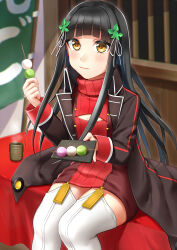  black_hair blunt_bangs cleavage_cutout clothing_cutout coat commentary cup dango dress eating female flag floating_hair food food_in_mouth hair_ornament highres holding holding_plate holding_skewer izumi-no-kami_kanesada_(tenka_hyakken) jacket kurofuti long_hair long_sleeves looking_at_viewer on_bench open_clothes open_jacket plate red_sweater red_trim sanshoku_dango sitting skewer solo sweater sweater_dress tenka_hyakken thighhighs wagashi white_thighhighs window wooden_wall wrist_cuffs yellow_eyes yunomi 