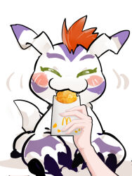  :3 ambiguous_gender bandai_namco blush closed_eyes digimon digimon_(species) duo eating feeding feral fur gomamon hair hash_brown human lanllan mammal mcdonald&#039;s red_hair simple_background white_background white_body white_fur 