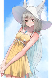  animal_ears blush cat_ears character_pin chest_jewel collarbone dress dromarch_(xenoblade) ears_through_headwear eteko_(eteco30) facial_mark female hat highres looking_at_viewer low_twintails nia_(blade)_(xenoblade) nia_(fancy_sundress)_(xenoblade) nia_(xenoblade) official_alternate_costume smile solo sun_hat sundress twintails very_long_ears whisker_markings xenoblade_chronicles_(series) xenoblade_chronicles_2 yellow_dress 