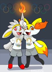  2024 2024_paris_olympics anthro bottomwear braixen buckteeth cel_shading chibi clothing colored digital_media_(artwork) dipstick_tail duo eyelashes female fire generation_6_pokemon generation_8_pokemon grey_background grey_bottomwear grey_clothing grey_shorts hair hi_res holding_object inner_ear_fluff male markings nintendo olympics open_mouth open_smile orange_eyes orange_inner_ear orange_inner_ear_fluff orange_nose orange_tail_tip pink_tongue pokemon pokemon_(species) raboot red_eyes rindeadsong shaded shirt shorts simple_background smile tail tail_markings teeth tongue topwear torch tuft white_body white_clothing white_ears white_hair white_shirt white_topwear yellow_ears yellow_inner_ear yellow_nose yellow_tail 