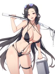  :d ajidot bare_shoulders black_hair breasts bucket commentary cowboy_shot eyewear_on_head female forehead goddess_of_victory:_nikke groin highres holding holding_bucket key korean_commentary large_breasts long_hair looking_at_viewer maiden_(nikke) maiden_(under_the_sun)_(nikke) navel open_mouth red_eyes smile solo standing stomach sunglasses swimsuit thigh_strap thighs very_long_hair 