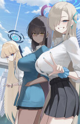  3girls absurdres aqua_bow aqua_bowtie aqua_bra asuna_(blue_archive) asymmetrical_hair black_hair black_skirt blonde_hair blue_archive blue_cardigan blue_eyes blush bow bowtie bra bra_peek breasts cardigan fingernails grin gyaru hair_intakes hair_over_one_eye hair_ribbon halo hand_in_pocket highres huge_breasts karin_(blue_archive) kogal large_breasts light_brown_hair long_hair looking_at_viewer looking_to_the_side loose_bowtie miniskirt multiple_girls nail_polish one_eye_covered outdoors pleated_skirt ribbon school_uniform scrunchie shirt shirt_tucked_in skirt skirt_rolled_up smile straight_hair sweatdrop takkun0926 toki_(blue_archive) underwear v very_long_hair w white_shirt wrist_scrunchie yellow_eyes 