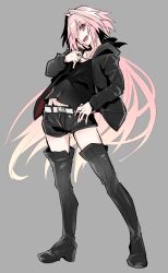  1boy androgynous artoria_pendragon_(fate) astolfo_(fate) belt black_bow black_footwear black_hoodie black_ribbon black_shirt black_shorts boots bow commentary_request cosplay denim denim_shorts eyes_visible_through_hair fate/apocrypha fate/grand_order fate_(series) gradient_hair grey_background hair_down hair_intakes hand_on_own_hip haoro highres hood hoodie long_hair long_sleeves male_focus multicolored_hair oerba_yun_fang official_alternate_costume pink_eyes pink_hair ribbon saber_alter saber_alter_(cosplay) saber_alter_(ver._shinjuku_1999)_(fate) saber_alter_(ver._shinjuku_1999)_(fate)_(cosplay) shirt shorts simple_background skin_fang smile solo standing streaked_hair thigh_boots thighhighs very_long_hair white_belt white_hair 