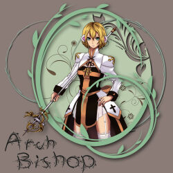  animal_ears arch_bishop_(ragnarok_online) bear_ears black_ribbon blonde_hair blue_eyes breasts brown_background cleavage_cutout clothing_cutout commentary_request cowboy_shot cropped_legs cross cross_print dress expressionless fake_animal_ears female garter_straps hair_between_eyes hand_on_own_hip highres holding holding_staff inaba515 juliet_sleeves lace-trimmed_thighhighs long_sleeves looking_at_viewer medium_bangs neck_ribbon parted_lips pelvic_curtain popped_collar puffy_sleeves ragnarok_online ribbon short_hair small_breasts solo staff thighhighs two-tone_dress white_dress white_thighhighs 