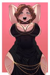  absurdres arms_behind_head black_choker black_dress black_giraffe blush breasts brown_hair choker curvy dress earrings female heart heart-shaped_pupils highres hilda_(series) jewelry johanna_(hilda) large_breasts looking_at_viewer pink_background short_hair simple_background smile solo symbol-shaped_pupils teeth tight_clothes tight_dress upper_teeth_only wide_hips 