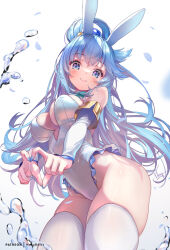  alternate_costume animal_ears aqua_(konosuba) artist_name bare_shoulders blue_eyes blue_hair blue_nails breasts closed_mouth commentary_request detached_sleeves fake_animal_ears female fingernails frilled_leotard frills from_below heart heart_hands highres hong_(white_spider) kono_subarashii_sekai_ni_shukufuku_wo! large_breasts leotard long_hair looking_at_viewer nail_polish patreon_username playboy_bunny rabbit_ears single_hair_ring smile solo strapless strapless_leotard thighhighs variant_set white_leotard white_thighhighs 