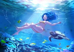  absurdres air_bubble ass bikini blue_eyes blue_hair breasts bubble coral female fish highres long_hair medium_breasts nap_on_a_cloud original sea_turtle submerged swimsuit tropical_fish turtle underwater yellow_bikini 