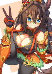  animal_ear_piercing animal_ears armor black_shirt blue_eyes braid braided_ponytail breasts brown_hair cleavage cleavage_cutout clothing_cutout commentary_request domino_mask ear_ribbon el_condor_pasa_(kukulkan_monk)_(umamusume) el_condor_pasa_(umamusume) female gauntlets green_skirt hair_between_eyes highres horse_ears horse_girl large_breasts long_hair mask official_alternate_costume official_alternate_hairstyle shirt short_braid single_bare_shoulder skirt solo sweat umamusume yuutopia 