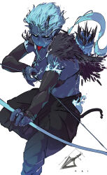  absurdres baggy_pants bikini bikini_top_only black_eyes blue_eyes blue_fire blue_hair blue_skin bow_(weapon) bridal_gauntlets colored_skin cracked_skin drawing_bow english_commentary eye_trail female fire foot_out_of_frame highres holding holding_bow_(weapon) holding_weapon horns jewelry light_trail long_hair looking_at_viewer low_ponytail monster_girl necklace original pants pointy_ears simple_background single_horn solo swimsuit tongue tongue_out weapon white_background y4chnyy 