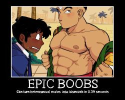  2boys abs averting_eyes bald bara bare_pectorals black_eyes blush dougi dragon_ball english_text highres image_macro_(meme) large_pectorals male_focus meme multiple_boys muscular muscular_male nipples null_(mr_not_null) pectorals photo-referenced presenting_pectorals short_hair spiked_hair tenshinhan thick_eyebrows third_eye upper_body yamcha yaoi 