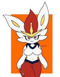  2023 absurd_res anthro artist_name border breasts cinderace colored digital_media_(artwork) featureless_breasts female flat_colors generation_8_pokemon hi_res jutsapostion looking_at_viewer navel nintendo orange_background pokemon pokemon_(species) red_eyes red_nose simple_background smile smug solo thick_thighs twitter_handle white_body white_border white_ears yellow_inner_ear 