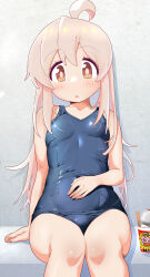  absurdres ahoge bare_arms bare_legs bare_shoulders blue_one-piece_swimsuit breasts brown_eyes chopsticks collarbone commentary cup_ramen female hair_between_eyes hand_on_own_stomach highres light_blush long_hair looking_at_viewer old_school_swimsuit one-piece_swimsuit onii-chan_wa_oshimai! open_mouth oyama_mahiro pink_hair school_swimsuit shiina_excel sitting small_breasts solo swimsuit 