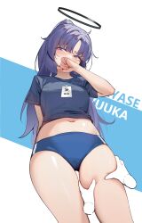  1other averting_eyes bare_legs black_shirt blue_archive blue_buruma blush breasts buruma character_name commentary_request covering_own_mouth cropped_shirt disembodied_hand facepaint feet_out_of_frame female halo highres lanyard long_hair medium_breasts navel painterliuhao ponytail purple_eyes purple_hair shirt short_sleeves star_(symbol) stomach thigh_grab very_long_hair yuuka_(blue_archive) yuuka_(track)_(blue_archive) 