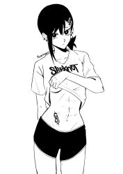  abs band_shirt breasts chainsaw_man clothes_lift ear_piercing female greyscale hair_ornament hairclip higashiyama_kobeni highres lifting_own_clothes merchandise mole mole_on_stomach mole_on_thigh mole_under_eye mole_under_mouth monochrome pastepiphany piercing shirt_lift shorts single_sidelock slipknot solo tattoo underboob 