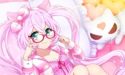  ahoge animal_ears artist_request babydoll bespectacled bow_hairband breasts cat_ears cleavage collarbone cushion female frilled_babydoll frills glasses green_eyes hairband hands_up heart heart_ahoge index_finger_raised knees_up long_hair looking_at_viewer neck_ribbon official_art pink-framed_eyewear pink_babydoll pink_hair pink_hairband ribbon rosia_(show_by_rock!!) show_by_rock!! smile solo sparkle third-party_source twintails upper_body 