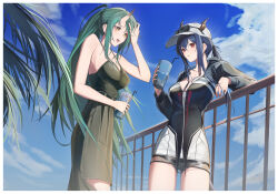  2girls absurdres arknights bare_shoulders belt black_belt black_shorts blue_hair breasts ch&#039;en_(arknights) cloud commentary_request cup dragon_girl dragon_horns dragon_tail drinking_glass drinking_straw eyewear_on_head from_below green_hair green_skirt green_tank_top hand_in_own_hair high_ponytail highres holding holding_cup hooded_dress horns horns_through_headwear hoshiguma_(arknights) large_breasts leaf long_hair long_skirt multiple_girls official_alternate_costume oni outdoors r_oot railing red_eyes shorts sidelocks single_horn skin-covered_horns skirt sky tail tank_top 