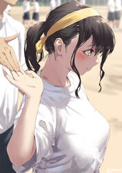  1boy aya_(jonsun) black_hair blurry blurry_background blush breasts brown_eyes closed_mouth commentary_request female fingernails gym_uniform hairband hand_up jonsun medium_breasts original outdoors ponytail shirt short_hair short_sleeves sidelocks t-shirt twitter_username white_shirt yellow_hairband 