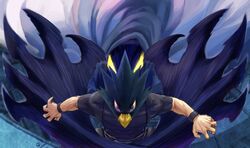  1boy animal_head beak bird_boy black_eyes black_shirt boku_no_hero_academia bracelet cloak commentary_request dark_shadow highres jewelry living_shadow shirt short_sleeves superhero_costume t-shirt tokoyami_fumikage umbrakinesis yomoyama_yotabanashi 