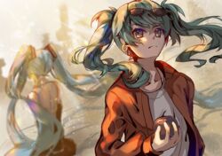  2girls apple aqua_eyes aqua_hair blurry bokeh commentary depth_of_field desert detached_sleeves dual_persona dust earrings eyewear_on_head facing_away flat_chest food frown fruit hatsune_miku highres holding holding_food jacket jewelry kozou_kazaru lens_flare long_hair looking_at_viewer miniskirt multiple_girls red_jacket shirt skirt spaghetti_strap suna_no_wakusei_(vocaloid) sunglasses t-shirt twintails very_long_hair vocaloid white_shirt 