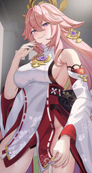  absurdres ass_visible_through_thighs bare_shoulders blush breasts detached_sleeves earrings female genshin_impact groin hair_between_eyes hair_ornament hakama hakama_skirt hand_to_own_mouth headgear highres ituka_kanau japanese_clothes jewelry large_breasts long_hair long_sleeves looking_at_viewer miko nail_polish nontraditional_miko ojou-sama_pose pink_hair pink_nails purple_eyes red_skirt ribbon-trimmed_sleeves ribbon_trim sideboob skirt smile smug solo thighs very_long_hair wide_sleeves yae_miko 