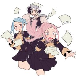  1boy 2girls alternate_costume black_gloves blue_hair blush bow buttons closed_eyes crying crying_with_eyes_open do_m_kaeru epaulettes facepalm felicia_(fire_emblem) fire_emblem fire_emblem:_three_houses fire_emblem_fates flora_(fire_emblem) forehead garreg_mach_monastery_uniform gloves grey_eyes grey_hair hairbow holding holding_paper jakob_(fire_emblem) long_hair long_sleeves miniskirt multiple_girls open_mouth paper pink_hair ponytail siblings simple_background sisters skirt sweatdrop tears twins twitter_username uniform white_background 