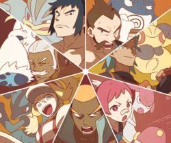  2girls 5boys bandaid bandaid_on_face bicycle_helmet black_hair blonde_hair blue_eyes blue_hair brawly_(pokemon) breasts bright_pupils brown_hair bruno_(pokemon) chuck_(pokemon) closed_eyes collarbone commentary_request crabominable dark_skin facial_hair frown grey_eyes hala_(pokemon) helmet korrina_(pokemon) light_blue_hair long_hair looking_at_viewer lucario machamp makuhita marshal_(pokemon) maylene_(pokemon) medicham moustache multiple_boys multiple_girls old old_man orange_background pink_hair pokemon pokemon_(creature) pokemon_bw pokemon_dppt pokemon_frlg pokemon_hgss pokemon_oras pokemon_sm pokemon_xy poliwrath ponytail purple_eyes red_background short_hair sidelocks signature small_breasts spiral ssalbulre white_hair white_pupils 