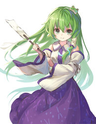  bras_d&#039;honneur commentary_request detached_sleeves female frog_hair_ornament gohei green_eyes green_hair hair_ornament hair_tubes hand_up highres holding kochiya_sanae long_hair long_skirt long_sleeves looking_at_viewer nontraditional_miko shirt simple_background skirt smile snake_hair_ornament solo touhou very_long_hair white_background white_shirt wide_sleeves wind yanyan_(shinken_gomi) 