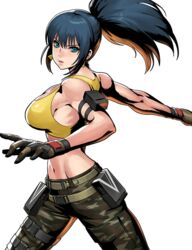  bare_shoulders blue_eyes blue_hair breasts camouflage camouflage_pants crop_top earrings female gloves jewelry leona_heidern looking_at_viewer md5_mismatch metal_slug metal_slug_attack midriff muscular muscular_female navel official_art pants ponytail pouch resolution_mismatch senno_aki sideboob solo source_larger source_request tank_top the_king_of_fighters the_king_of_fighters_xiv toned triangle_earrings twisted_torso yellow_tank_top 