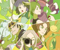  4boys :o aaron_(pokemon) bright_pupils brown_hair bugsy_(pokemon) burgh_(pokemon) butterfly_net camera commentary_request drapion female golisopod green_background green_eyes grin guzma_(pokemon) hand_net holding holding_butterfly_net holding_camera holding_poke_ball leavanny looking_at_viewer looking_to_the_side medium_hair multiple_boys one_eye_closed orange_background parted_bangs poke_ball poke_ball_(basic) pokemon pokemon_(creature) pokemon_bw pokemon_dppt pokemon_hgss pokemon_sm pokemon_xy profile purple_eyes purple_hair scyther signature smile ssalbulre viola_(pokemon) vivillon vivillon_(meadow) white_hair white_pupils yellow_background 