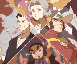  2boys 2girls bertha_(pokemon) black_background black_hair bonnet bright_pupils brown_background brown_eyes clay_(pokemon) commentary_request cowboy_hat crossed_arms excadrill frown furrowed_brow giovanni_(pokemon) grey_eyes grey_hair hapu_(pokemon) hat hippowdon hippowdon_(male) long_hair looking_at_viewer medium_hair mudsdale multiple_boys multiple_girls necktie old old_woman parted_bangs pokemon pokemon_(creature) pokemon_bw pokemon_dppt pokemon_frlg pokemon_sm rhydon sideburns signature ssalbulre standing team_rocket white_pupils 