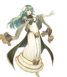  bare_shoulders blush book breasts dress elbow_gloves female fire_emblem fire_emblem_echoes:_shadows_of_valentia fire_emblem_heroes full_body fur_trim gloves green_eyes green_hair hair_ornament haru_(hiyori-kohal) highres holding holding_book long_dress long_skirt looking_away medium_breasts non-web_source official_art open_book open_mouth skirt sleeveless solo tatiana_(fire_emblem) transparent_background white_gloves 