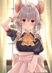  animal_ears apron arm_up backlighting bangs banned_artist black_dress blush bow bowtie braid brown_bow brown_ribbon closed_mouth commentary_request curtains day dress eyebrows_visible_through_hair female frilled_apron frills grey_hair hair_between_eyes hair_ribbon hairbow hand_on_ear highres indoors izayoi_sakuya kemonomimi_mode long_hair looking_at_viewer maid maid_apron maid_headdress mouse_ears puffy_short_sleeves puffy_sleeves red_eyes ribbon short_hair short_sleeves silver_hair smile solo sunlight touhou transparent twin_braids waist_apron white_apron window wrist_cuffs yellow_bow yellow_neckwear yellow_ribbon yuuka_nonoko 