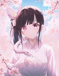  bad_id bad_pixiv_id black_hair breasts butterfly_hair_ornament cherry_blossoms chromatic_aberration dress_shirt female flower hair_ornament hand_up highres kaburamaru kimetsu_no_yaiba looking_at_viewer medium_breasts mismatched_pupils pink_eyes purple_eyes shirt side_ponytail sky smile smiley_face snake snake_bondage spoilers sweater tsuyuri_kanao white_snake yuyo_(i_iuyo) 