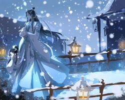  2boys animal architecture black_hair chinese_clothes commentary_request east_asian_architecture hand_up hanfu highres holding holding_animal jewelry lan_wangji lantern lolicon long_hair male_focus modao_zushi multiple_boys muse_(rainforest) outdoors rabbit railing robe sash sidelocks snowing tassel white_robe yaopei 