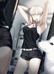  armpits arms_behind_head arms_up artoria_pendragon_(fate) belt belt_buckle black_ribbon black_shirt black_shorts blurry blurry_background breasts buckle cavall_the_2nd collarbone commentary depth_of_field fate/grand_order fate_(series) female foo_(pixiv54892036) long_hair looking_at_viewer medium_breasts mirror mouth_hold official_alternate_costume parody reflection ribbon ribbon_in_mouth saber_alter saber_alter_(ver._shinjuku_1999)_(fate) samoyed_(dog) shirt short_shorts shorts sleeveless sleeveless_shirt solo style_parody takeuchi_takashi_(style) tying_hair white_belt white_dog yellow_eyes 