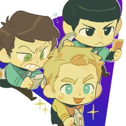  3boys black_hair blonde_hair blue_eyes brown_hair chibi closed_mouth commentary green_eyes james_tiberius_kirk leonard_mccoy lowres male_focus multiple_boys open_mouth pointy_ears poloo6972 sparkle spock star_trek star_trek_the_original_series starfleet_uniform symbol-only_commentary uniform vulcan 