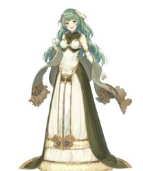  bare_shoulders blush breasts dress elbow_gloves female fire_emblem fire_emblem_echoes:_shadows_of_valentia fire_emblem_heroes full_body fur_trim gloves green_eyes green_hair hair_ornament hand_up haru_(hiyori-kohal) head_tilt highres long_dress looking_at_viewer medium_breasts non-web_source official_art open_mouth sleeveless smile solo standing tatiana_(fire_emblem) transparent_background white_gloves 