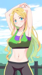  absurdres anna_aveiro aqua_eyes armpits arms_up black_pants blonde_hair blue_sky breasts closed_mouth cloud colored_inner_hair commentary_request day female green_hair green_sports_bra highres kiniro_tofu large_breasts leggings long_hair looking_at_viewer mountain multicolored_hair na_nare_hana_nare navel outdoors pants sky smile solo sports_bra stomach stretching two-tone_hair 