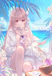  bikini blush breasts cellphone closed_mouth coconut_cup collar collared_shirt csyday dated day drinking_straw english_text female goddess_of_victory:_nikke hair_ornament highres holding holding_phone large_breasts long_hair long_sleeves ocean off_shoulder official_alternate_costume outdoors phone shirt signature single_bare_shoulder sitting smartphone smile solo swimsuit viper_(nikke) viper_(shine_of_love)_(nikke) water white_bikini white_collar white_shirt 