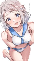  alternate_costume blue_eyes blue_ribbon breasts close-up collarbone commentary_request female from_above gakuen_idolmaster grey_hair hair_ribbon half_up_braid hands_up highres idolmaster katsuragi_lilja knees_out_of_frame medium_breasts midriff multicolored_hair navel ribbon ribbon_braid sailor_bikini sailor_collar sailor_swimsuit_(idolmaster) shiitake_taishi short_hair solo translation_request 