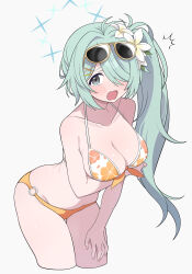  ^^^ absurdres aqua_hair arm_under_breasts bikini black_eyes blue_archive breasts cleavage collarbone commentary_request eyewear_on_head female floral_print_bikini flower front-tie_bikini_top front-tie_top hair_flower hair_ornament hair_over_one_eye halo hand_on_own_thigh highres hiroikara_(smhong04) hiyori_(blue_archive) hiyori_(swimsuit)_(blue_archive) large_breasts leaning_forward long_hair looking_at_viewer o-ring o-ring_bikini official_alternate_costume open_mouth orange_bikini simple_background solo sunglasses swimsuit tearing_up white_background white_flower x_hair_ornament 