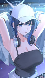  armpits arms_behind_head blue_archive blue_eyes blue_hair blue_halo breasts cleavage collarbone commentary female halo hat headphones headphones_around_neck highres large_breasts looking_at_viewer mouth_hold nonbire official_alternate_costume saori_(blue_archive) saori_(swimsuit)_(blue_archive) solo white_hat 