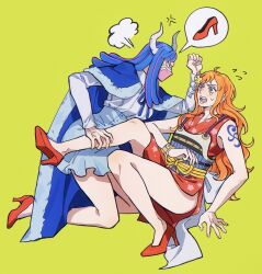  2girls angry balloon blue_hair female_focus high_heels multicolored_hair nami nami_(one_piece) one_piece orange_hair red_highlights seirorath simple_background sweating tattoo ulti_(one_piece) 